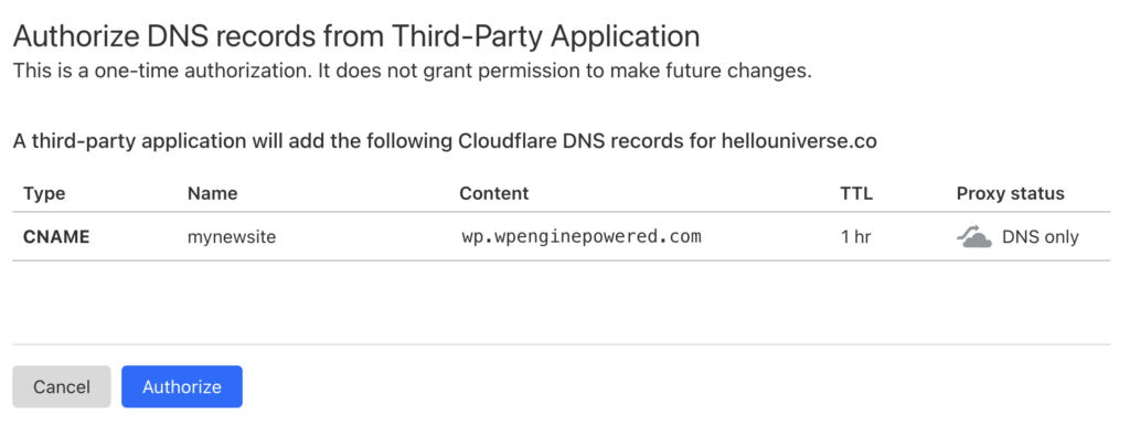 Screenshot of the domains page in the WP Engine User Portal showing the popup to authorize Entri to add the DNS records at your DNS provider